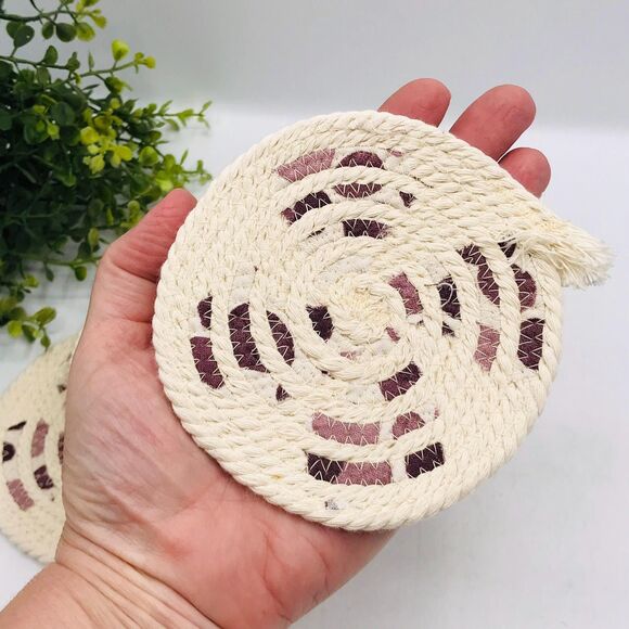 One Set of 4 Rope Coffee Coasters Cotton Dusty Purple Polka Dots  4.25" - Picture 4 of 5